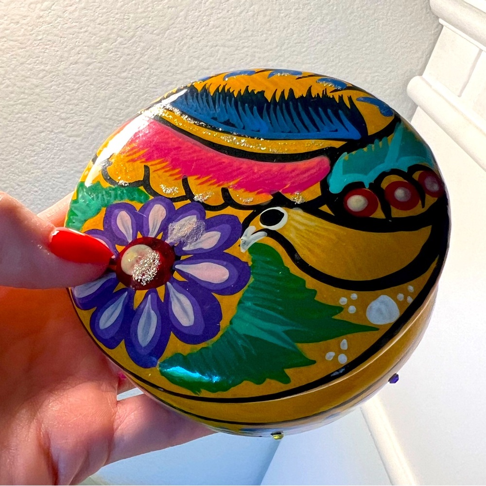 Terracotta ceramic handpainted lidded box trinket box with vibrant bird design